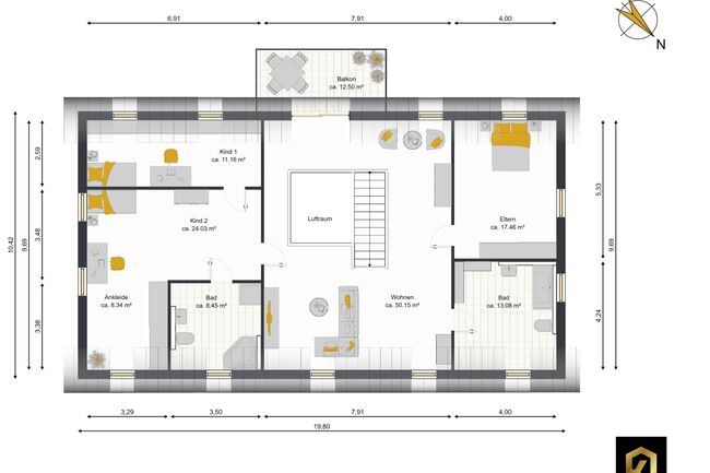 Grundriss Dachgeschoss mit Möblierungsbeispiel